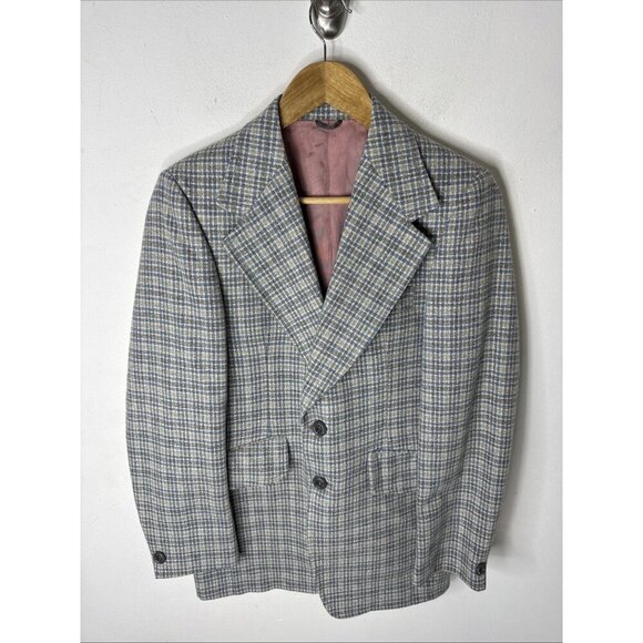 Vintage 1970s Sears Men’s Store Wool Sport Coat Blue Gray Check Plaid Men 36 - Picture 1 of 7